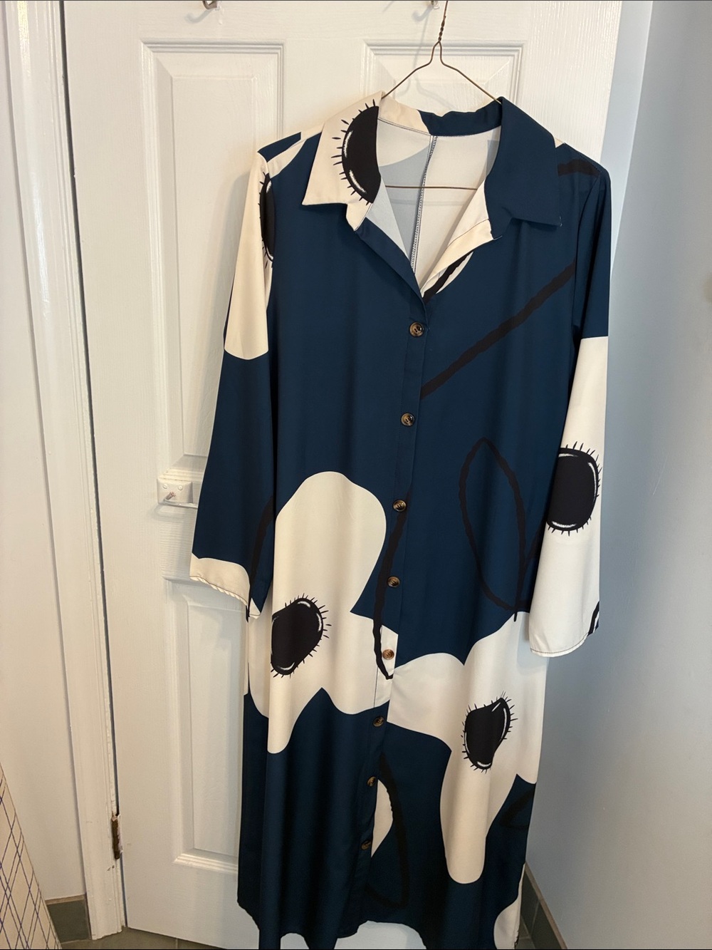 SHEIN Navy Blue and White Long Sleeve Button-Front Maxi Dress